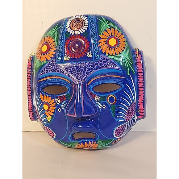 Vintage 1980s Mexican Redware Mask Hand Painted Hand Made Talavera Folk Art - Picture 1 of 12